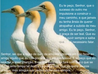 Eu te peço, Senhor, que o sucesso do outro me impulsione a construir o meu caminho, e que jamais eu tenha ânsia de querer atrapalhar a subida de meu amigo. Eu te peço, Senhor, a graça de ser leal. Que eu saiba ouvir sempre e saiba  qua ndo é necessário falar. Senhor, sei que a regra de ouro da amizade consiste em não fazer ao amigo aquilo que eu não gostaria que ele me fizesse. E te peço que eu seja fiel a essa intenção. E sei que essa regra fará com que o que se diz há tanto tempo se realize na minha vida. Que eu tenha poucos amigos, mas amigos que permaneçam para sempre.  