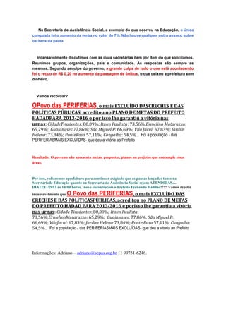 Na Secretaria de Assistência Social, a exemplo do que ocorreu na Educação, a única
conquista foi o aumento da verba no valor de 7%. Não houve qualquer outro avanço sobre
os itens da pauta.

Incansavelmente discutimos com as duas secretarias item por item do que solicitamos.
Reunimos grupos, organizações, pais e comunidade. As respostas são sempre as
mesmas. Segundo aequipe do governo, a grande culpa de tudo o que está acontecendo
foi o recuo de R$ 0,20 no aumento da passagem de ônibus, o que deixou a prefeitura sem
dinheiro.

Vamos recordar?

OPovo das PERIFERIAS, o mais EXCLUÍDO DASCRECHES E DAS
POLÍTICAS PÚBLICAS, acreditou no PLANO DE METAS DO PREFEITO
HADADPARA 2013-2016 e por isso lhe garantiu a vitória nas
urnas: CidadeTiradentes: 80,09%; Itaim Paulista: 73,56%;Ermelino Matarazzo:
65,29%; Guaianases:77,86%; São Miguel P: 66,69%; Vila Jacuí: 67,83%; Jardim
Helena: 73,84%; PonteRasa 57,11%; Cangaíba: 54,5%... Foi a população - das
PERIFERIASMAIS EXCLUÍDAS- que deu a vitória ao Prefeito

Resultado: O governo não apresenta metas, propostas, planos ou projetos que contemple essas
áreas.

Por isso, voltaremos aprefeitura para continuar exigindo que as pautas lançadas tanto na
Secretariade Educação quanto na Secretaria de Assistência Social sejam ATENDIDAS....
DIA12/11/2013 ás 14:00 horas, novo encontrocom o Prefeito Fernando Haddad!!!!! Vamos repetir
incansavelmente que

O Povo das PERIFERIAS, o mais EXCLUÍDO DAS

CRECHES E DAS POLÍTICASPÚBLICAS, acreditou no PLANO DE METAS
DO PREFEITO HADAD PARA 2013-2016 e porisso lhe garantiu a vitória
nas urnas: Cidade Tiradentes: 80,09%; Itaim Paulista:
73,56%;ErmelinoMatarazzo: 65,29%; Guaianases: 77,86%; São Miguel P:
66,69%; VilaJacuí: 67,83%; Jardim Helena:73,84%; Ponte Rasa 57,11%; Cangaíba:
54,5%... Foi a população - das PERIFERIASMAIS EXCLUÍDAS- que deu a vitória ao Prefeito

Informações: Adriano – adriano@sepas.org.br 11 99751-6246.

 