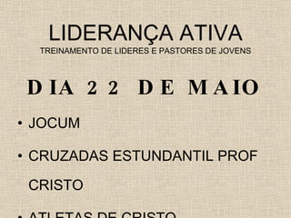 LIDERANÇA ATIVA TREINAMENTO DE LIDERES E PASTORES DE JOVENS DIA 22 DE MAIO JOCUM CRUZADAS ESTUNDANTIL PROF CRISTO ATLETAS DE CRISTO 