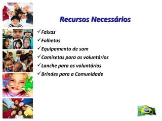 Recursos Necessários Faixas Folhetos Equipamento de som Camisetas para os voluntários Lanche para os voluntários Brindes para a Comunidade 