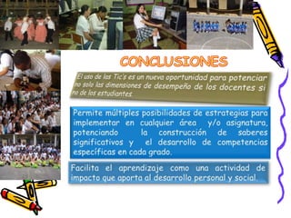 Desde el área de Lengua Castellana se elaboraran producciones escritas en torno  al medio ambiente de la institución: ensayos, narraciones, artículos periodísticos, reportajes entre otras formas de expresión. (Herramienta procesador de texto, publisher).ACTIVIDADESDesde el área de artística tratar la importancia del reciclaje y el aprovechamiento de los materiales reciclados.  Elaborando creaciones artísticas con los programas paint y PowerPoint.