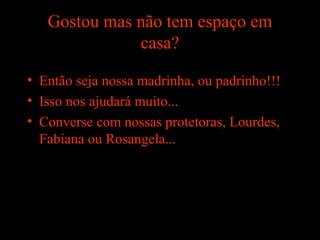 Gostou mas não tem espaço em
casa?
• Então seja nossa madrinha, ou padrinho!!!
• Isso nos ajudará muito...
• Converse com nossas protetoras, Lourdes,
Fabiana ou Rosangela...
 