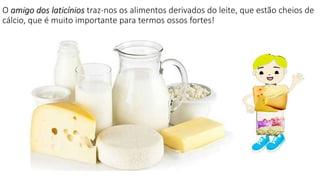 O amigo dos laticínios traz-nos os alimentos derivados do leite, que estão cheios de
cálcio, que é muito importante para termos ossos fortes!
 