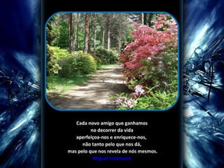 Cada novo amigo que ganhamos
no decorrer da vida
aperfeiçoa-nos e enriquece-nos,
não tanto pelo que nos dá,
mas pelo que nos revela de nós mesmos.
Miguel Unamuno

 