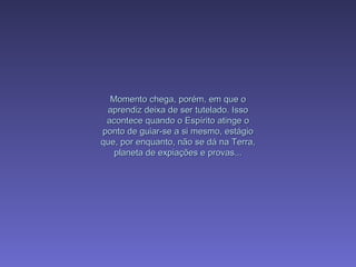 Momento chega, porém, em que o aprendiz deixa de ser tutelado. Isso acontece quando o Espírito atinge o ponto de guiar-se a si mesmo, estágio que, por enquanto, não se dá na Terra, planeta de expiações e provas... 