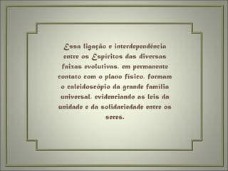 Essa ligação e interdependência entre os Espíritos das diversas faixas evolutivas, em permanente contato com o plano físico, formam o caleidoscópio da grande família universal, evidenciando as leis da unidade e da solidariedade entre os seres. 