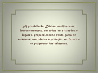 A providência Divina manifesta-se, incessantemente, em todas as situações e lugares, proporcionando vasta gama de recursos, com vistas à proteção, ao futuro e ao progresso das criaturas. 