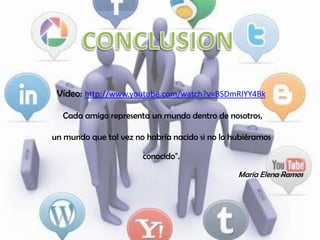 Vídeo: http://www.youtube.com/watch?v=BSDmRIYY4Bk
"Cada amigo representa un mundo dentro de nosotros,
un mundo que tal vez no habría nacido si no lo hubiéramos
conocido".
María Elena Ramos

 