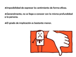 Imposibilidad de expresar los sentimiento de forma eficaz.
Generalmente, no se llega a conocer con la misma profundidad
a la persona.
El grado de implicación es bastante menor.

 
