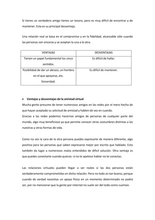 Si tienes un verdadero amigo tienes un tesoro, pero es muy difícil de encontrar y de
mantener. Esta es su principal desventaja.
Una relación real se basa en el compromiso y en la fidelidad, alcanzable sólo cuando
las personas son sinceras y se aceptan la una a la otra.
VENTAJAS DESVENTAJAS
Tienen un papel fundamental los cinco
sentidos.
Es difícil de hallar.
Posibilidad de dar un abrazo, un hombro
en el que apoyarse, etc.
Sinceridad.
Es difícil de mantener.
 Ventajas y desventajas de la amistad virtual
Mucha gente presume de tener numerosos amigos en las redes por el mero hecho de
que hayan aceptado su solicitud de amistad y hablen de vez en cuando.
Gracias a las redes podemos hacernos amigos de personas de cualquier parte del
mundo, algo muy beneficioso ya que permite conocer otras costumbres distintas a las
nuestras y otras formas de vida.
Como no ves la cara de la otra persona puedes expresarte de manera diferente, algo
positivo para las personas que saben expresarse mejor por escrito que hablado. Esto
también da lugar a numerosos malos entendidos de difícil solución. Otra ventaja es
que puedes conectarte cuando quieras: si no te apetece hablar no te conectas.
Las relaciones virtuales pueden llegar a ser reales si las dos personas están
verdaderamente comprometidas en dicha relación. Pero no todo es tan bueno, porque
cuando de verdad necesitas un apoyo físico en un momento determinado no podrá
ser, por no mencionar que la gente por internet no suele ser del todo como cuentan.
 