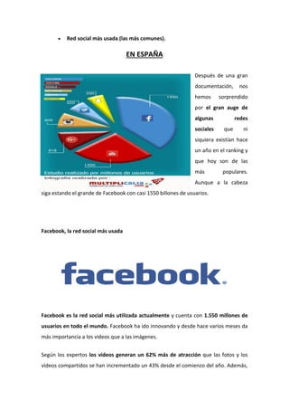  Red social más usada (las más comunes).
EN ESPAÑA
Después de una gran
documentación, nos
hemos sorprendido
por el gran auge de
algunas redes
sociales que ni
siquiera existían hace
un año en el ranking y
que hoy son de las
más populares.
Aunque a la cabeza
siga estando el grande de Facebook con casi 1550 billones de usuarios.
Facebook, la red social más usada
Facebook es la red social más utilizada actualmente y cuenta con 1.550 millones de
usuarios en todo el mundo. Facebook ha ido innovando y desde hace varios meses da
más importancia a los videos que a las imágenes.
Según los expertos los vídeos generan un 62% más de atracción que las fotos y los
vídeos compartidos se han incrementado un 43% desde el comienzo del año. Además,
 