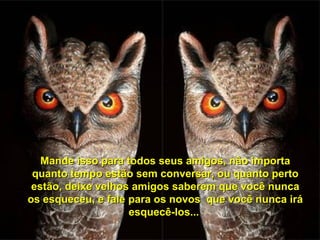 Mande isso para todos seus amigos, não importa
 quanto tempo estão sem conversar, ou quanto perto
 estão, deixe velhos amigos saberem que você nunca
os esqueceu, e fale para os novos que você nunca irá
                    esquecê-los...
 