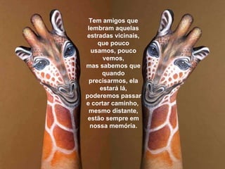 Tem amigos que lembram aquelas estradas vicinais, que pouco usamos, pouco vemos, mas sabemos que quando precisarmos, ela estará lá, poderemos passar e cortar caminho,  mesmo distante, estão sempre em nossa memória. 