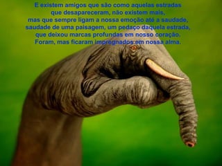 E existem amigos que são como aquelas estradas
         que desapareceram, não existem mais,
 mas que sempre ligam a nossa emoção até a saudade,
saudade de uma paisagem, um pedaço daquela estrada,
   que deixou marcas profundas em nosso coração.
   Foram, mas ficaram impregnados em nossa alma.
 