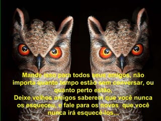 Mande isso para todos seus amigos, não
importa quanto tempo estão sem conversar, ou
              quanto perto estão,
 Deixe velhos amigos saberem que você nunca
  os esqueceu, e fale para os novos que você
            nunca irá esquecê-los...
 