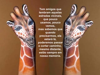 Tem amigos que
 lembram aquelas
estradas vicinais,
     que pouco
  usamos, pouco
       vemos,
mas sabemos que
       quando
  precisarmos, ela
      estará lá,
poderemos passar
e cortar caminho,
  mesmo distante,
 estão sempre em
  nossa memória.
 