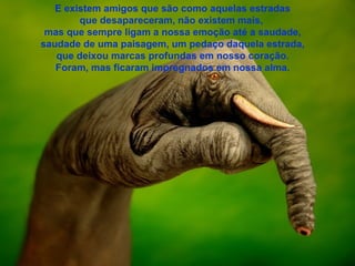 E existem amigos que são como aquelas estradas que desapareceram, não existem mais,  mas que sempre ligam a nossa emoção até a saudade, saudade de uma paisagem, um pedaço daquela estrada, que deixou marcas profundas em nosso coração. Foram, mas ficaram impregnados em nossa alma. 