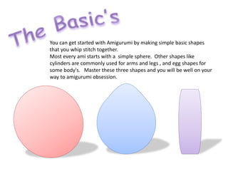 You can get started with Amigurumi by making simple basic shapes
that you whip stitch together.
Most every ami starts with a simple sphere. Other shapes like
cylinders are commonly used for arms and legs , and egg shapes for
some body's. Master these three shapes and you will be well on your
way to amigurumi obsession.
 