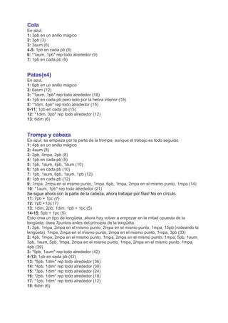 Cola
En azul,
1: 3pb en un anillo mágico
2: 3pb (3)
3: 3aum (6)
4-5: 1pb en cada pb (6)
6: *1aum, 1pb* rep todo alrededor (9)
7: 1pb en cada pb (9)
Patas(x4)
En azul,
1: 6pb en un anillo mágico
2: 6aum (12)
3: *1aum, 1pb* rep todo alrededor (18)
4: 1pb en cada pb pero solo por la hebra interior (18)
5: *1dim, 4pb* rep todo alrededor (15)
6-11: 1pb en cada pb (15)
12: *1dim, 3pb* rep todo alrededor (12)
13: 6dim (6)
Trompa y cabeza
En azul, se empieza por la parte de la trompa, aunque el trabajo es todo seguido.
1: 4pb en un anillo mágico
2: 4aum (8)
3: 2pb, 4mpa, 2pb (8)
4: 1pb en cada pb (8)
5: 1pb, 1aum, 4pb, 1aum (10)
6: 1pb en cada pb (10)
7: 1pb, 1aum, 6pb, 1aum, 1pb (12)
8: 1pb en cada pb (12)
9: 1mpa, 2mpa en el mismo punto, 1mpa, 6pb, 1mpa, 2mpa en el mismo punto, 1mpa (14)
10: *1aum, 1pb* rep todo alrededor (21)
Se sigue ahora con la parte de la cabeza, ahora trabajar por filas! No en círculo.
11: 7pb + 1pc (7)
12: 7pb +1pc (7)
13: 1dim, 2pb, 1dim, 1pb + 1pc (5)
14-15: 5pb + 1pc (5)
Esto crea un tipo de lengüeta, ahora hay volver a empezar en la mitad opuesta de la
lengüeta, ósea 7puntos antes del principio de la lengüeta.
1: 3pb, 1mpa, 2mpa en el mismo punto, 2mpa en el mismo punto, 1mpa, 15pb (rodeando la
lengüeta), 1mpa, 2mpa en el mismo punto, 2mpa en el mismo punto, 1mpa, 3pb (33)
2: 4pb, 1mpa, 2mpa en el mismo punto, 1mpa, 2mpa en el mismo punto, 1mpa, 5pb, 1aum,
3pb, 1aum, 5pb, 1mpa, 2mpa en el mismo punto, 1mpa, 2mpa en el mismo punto, 1mpa,
4pb (39)
3: *9pb, 1aum* rep todo alrededor (42)
4-12: 1pb en cada pb (42)
13: *5pb, 1dim* rep todo alrededor (36)
14: *4pb, 1dim* rep todo alrededor (30)
15: *3pb, 1dim* rep todo alrededor (24)
16: *2pb, 1dim* rep todo alrededor (18)
17: *1pb, 1dim* rep todo alrededor (12)
18: 6dim (6)
 