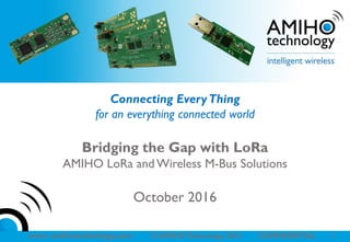 www amihotechnology.com © AMIHOTechnology 2016 CONFIDENTIAL 1
Connecting EveryThing
for an everything connected world
Bridging the Gap with LoRa
AMIHO LoRa and Wireless M-Bus Solutions
October 2016
 