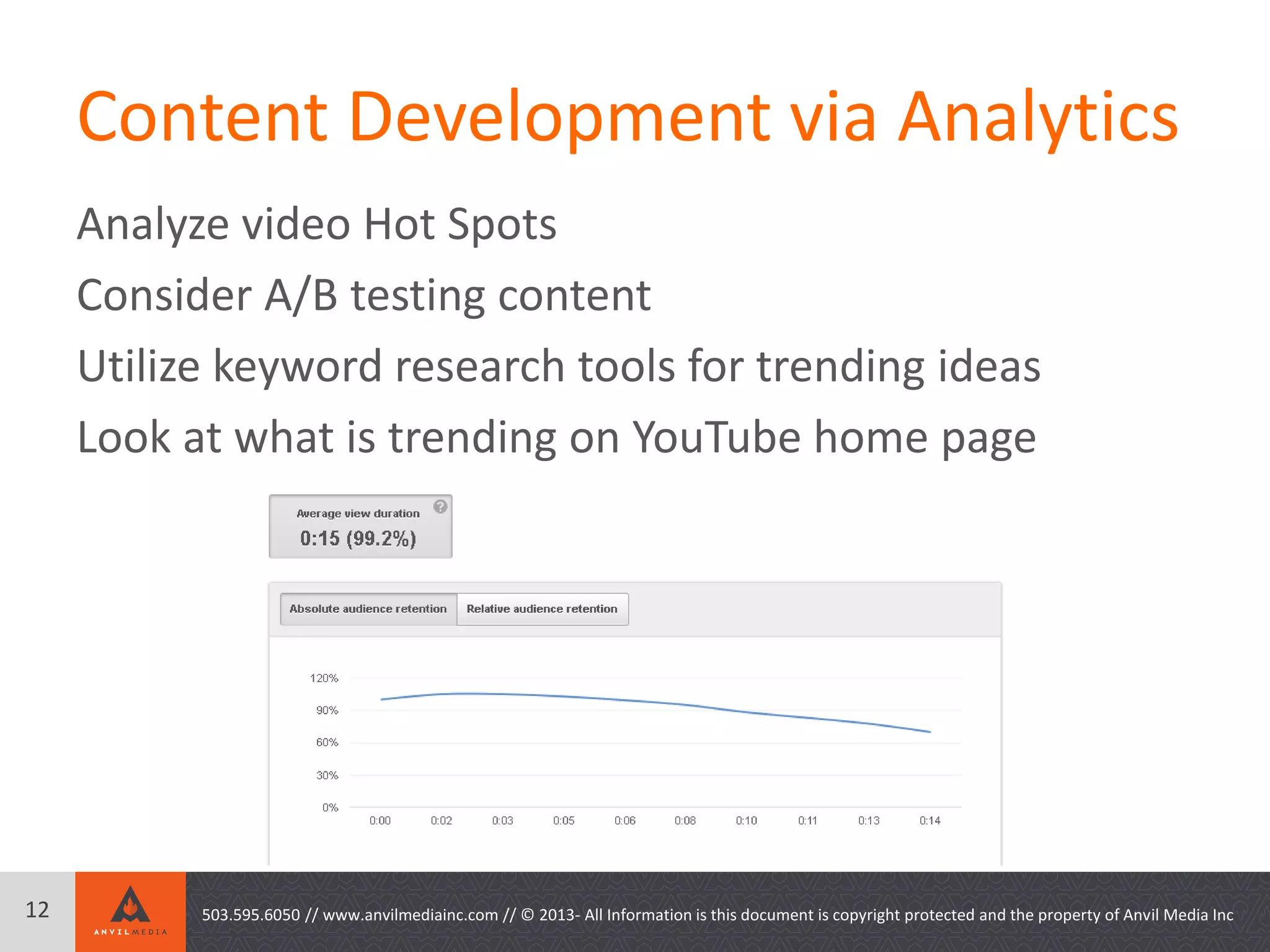 Content Development via Analytics
Analyze video Hot Spots
Consider A/B testing content
Utilize keyword research tools for trending ideas
Look at what is trending on YouTube home page
503.595.6050 // www.anvilmediainc.com // © 2013- All Information is this document is copyright protected and the property of Anvil Media Inc12
 
