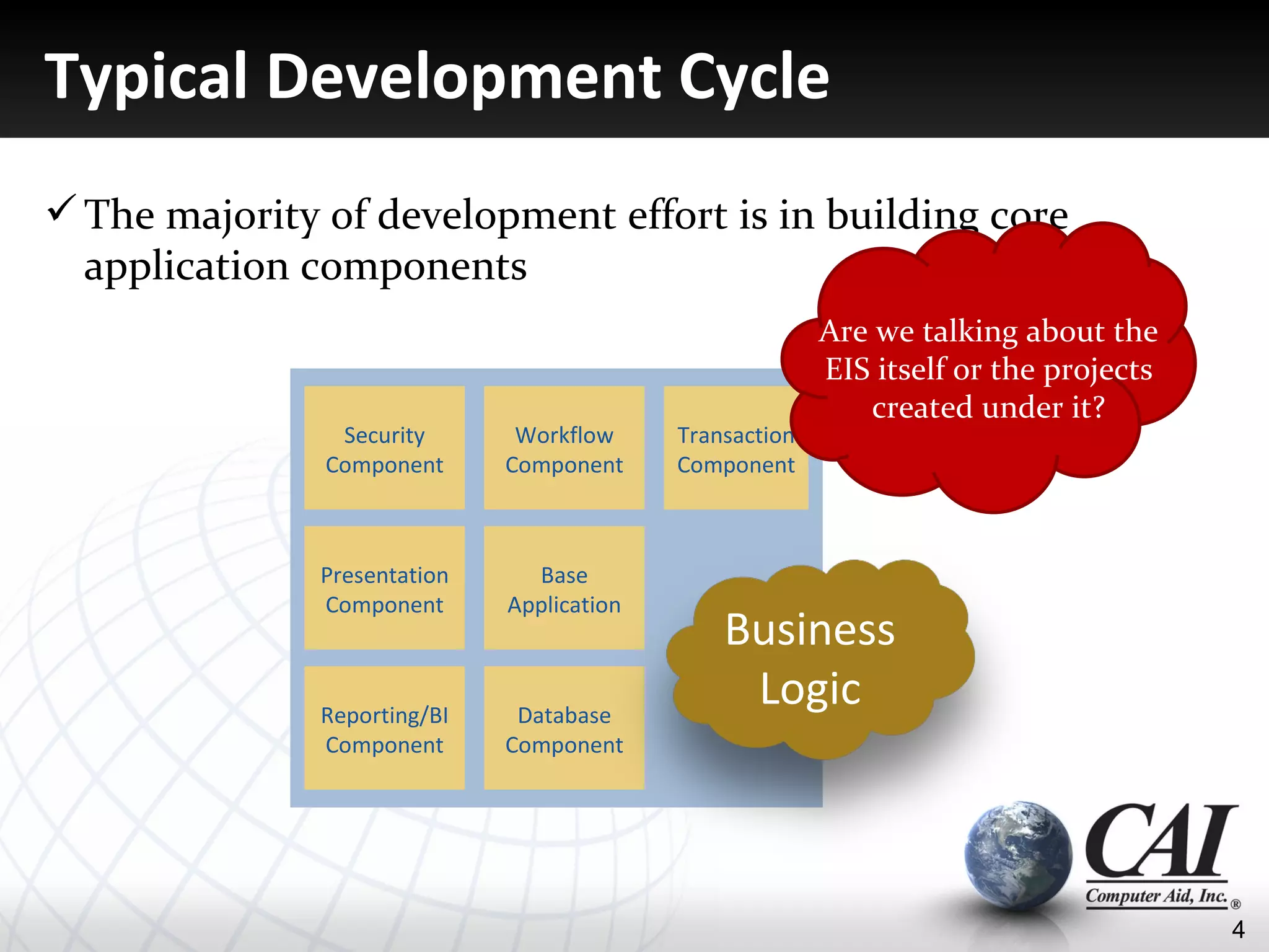 Typical Development Cycle
 The majority of development effort is in building core
  application components
                                                          Are we talking about the
                                                          EIS itself or the projects
                                                             created under it?
                Security       Workflow     Transaction
               Component      Component     Component



               Presentation     Base
               Component      Application
                                                Business
               Reporting/BI    Database
                                                 Logic
               Component      Component




                                                                                       4
 