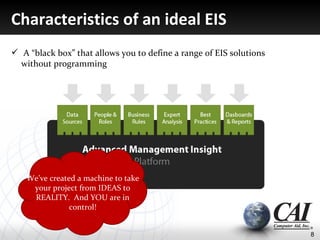 Characteristics of an ideal EIS
 A “black box” that allows you to define a range of EIS solutions
  without programming




   We’ve created a machine to take
    your project from IDEAS to
    REALITY. And YOU are in
               control!


                                                                     8
 