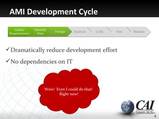 AMI Development Cycle



Dramatically reduce development effort
No dependencies on IT



             Wow! Even I could do that!
                   Right now!




                                          9
 