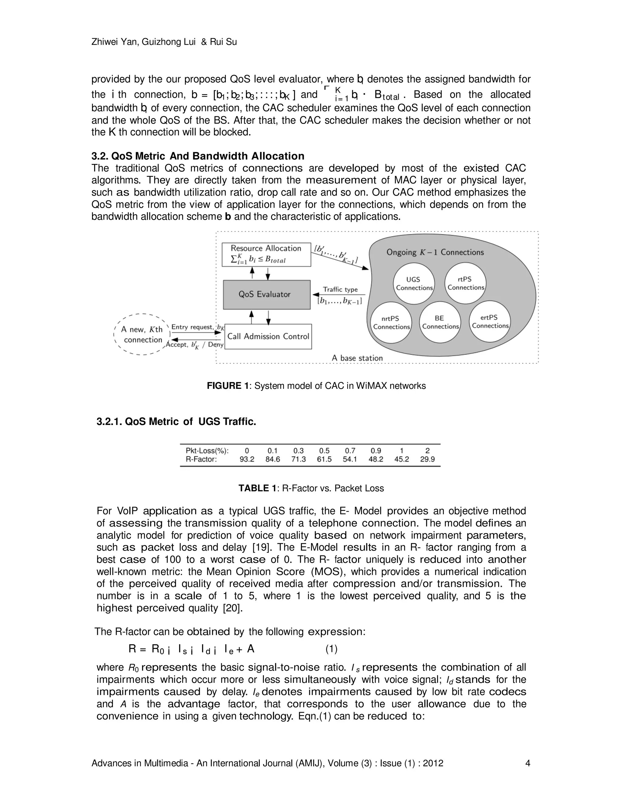 Zhiwei Yan, Guizhong Lui & Rui Su
Advances in Multimedia - An International Journal (AMIJ), Volume (3) : Issue (1) : 2012 4
provided by the our proposed QoS level evaluator, where bibi denotes the assigned bandwidth for
the ii th connection, b = [b1; b2; b3; : : : ; bK ]b = [b1; b2; b3; : : : ; bK ] and
P K
i= 1 bi · Btotal
P K
i= 1 bi · Btotal . Based on the allocated
bandwidth bibi of every connection, the CAC scheduler examines the QoS level of each connection
and the whole QoS of the BS. After that, the CAC scheduler makes the decision whether or not
the KK th connection will be blocked.
3.2. QoS Metric And Bandwidth Allocation
The traditional QoS metrics of connections are developed by most of the existed CAC
algorithms. They are directly taken from the measurement of MAC layer or physical layer,
such as bandwidth utilization ratio, drop call rate and so on. Our CAC method emphasizes the
QoS metric from the view of application layer for the connections, which depends on from the
bandwidth allocation scheme b and the characteristic of applications.
FIGURE 1: System model of CAC in WiMAX networks
3.2.1. QoS Metric of UGS Traffic.
TABLE 1: R-Factor vs. Packet Loss
For VoIP application as a typical UGS traffic, the E- Model provides an objective method
of assessing the transmission quality of a telephone connection. The model defines an
analytic model for prediction of voice quality based on network impairment parameters,
such as packet loss and delay [19]. The E-Model results in an R- factor ranging from a
best case of 100 to a worst case of 0. The R- factor uniquely is reduced into another
well-known metric: the Mean Opinion Score (MOS), which provides a numerical indication
of the perceived quality of received media after compression and/or transmission. The
number is in a scale of 1 to 5, where 1 is the lowest perceived quality, and 5 is the
highest perceived quality [20].
The R-factor can be obtained by the following expression:
R = R0 ¡ I s ¡ I d ¡ I e + AR = R0 ¡ I s ¡ I d ¡ I e + A (1)
where R0 represents the basic signal-to-noise ratio. I s represents the combination of all
impairments which occur more or less simultaneously with voice signal; Id stands for the
impairments caused by delay. Ie denotes impairments caused by low bit rate codecs
and A is the advantage factor, that corresponds to the user allowance due to the
convenience in using a given technology. Eqn.(1) can be reduced to:
 