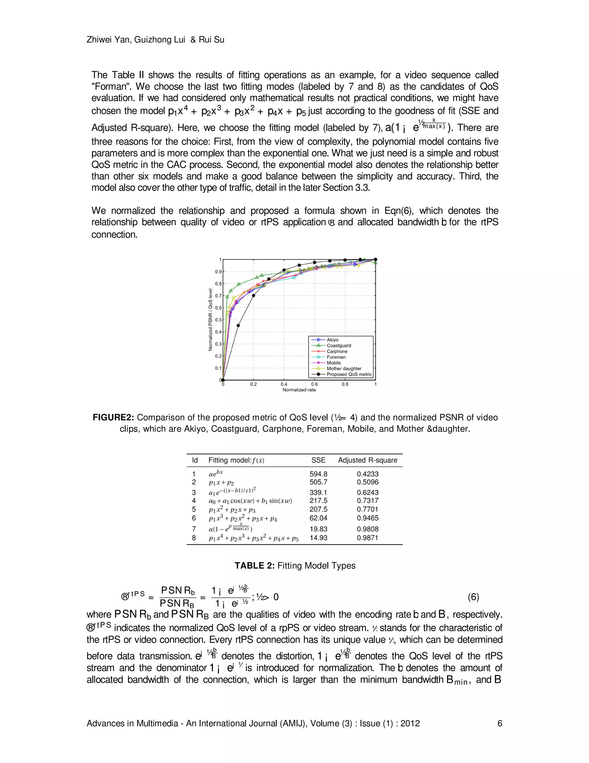 Zhiwei Yan, Guizhong Lui & Rui Su
Advances in Multimedia - An International Journal (AMIJ), Volume (3) : Issue (1) : 2012 6
The Table II shows the results of fitting operations as an example, for a video sequence called
"Forman". We choose the last two fitting modes (labeled by 7 and 8) as the candidates of QoS
evaluation. If we had considered only mathematical results not practical conditions, we might have
chosen the model p1x4
+ p2x3
+ p3x2
+ p4x + p5p1x4
+ p2x3
+ p3x2
+ p4x + p5 just according to the goodness of fit (SSE and
Adjusted R‐square). Here, we choose the fitting model (labeled by 7), a(1¡ e
½ x
max(x ) )a(1¡ e
½ x
max(x ) ). There are
three reasons for the choice: First, from the view of complexity, the polynomial model contains five
parameters and is more complex than the exponential one. What we just need is a simple and robust
QoS metric in the CAC process. Second, the exponential model also denotes the relationship better
than other six models and make a good balance between the simplicity and accuracy. Third, the
model also cover the other type of traffic, detail in the later Section 3.3.
We normalized the relationship and proposed a formula shown in Eqn(6), which denotes the
relationship between quality of video or rtPS application ®® and allocated bandwidth bb for the rtPS
connection.
FIGURE2: Comparison of the proposed metric of QoS level (½= 4½= 4) and the normalized PSNR of video
clips, which are Akiyo, Coastguard, Carphone, Foreman, Mobile, and Mother &daughter.
TABLE 2: Fitting Model Types
®r tP S
=
PSN Rb
PSN RB
=
1 ¡ e¡ ½b
B
1 ¡ e¡ ½
; ½> 0®r tP S
=
PSN Rb
PSN RB
=
1 ¡ e¡ ½b
B
1 ¡ e¡ ½
; ½> 0 (6)
where PSN RbPSN Rb and PSN RBPSN RB are the qualities of video with the encoding rate bband BB, respectively.
®r tP S®r tP S indicates the normalized QoS level of a rpPS or video stream. ½½stands for the characteristic of
the rtPS or video connection. Every rtPS connection has its unique value ½½, which can be determined
before data transmission. e¡ ½b
Be¡ ½b
B denotes the distortion, 1¡ e½b
B1¡ e½b
B denotes the QoS level of the rtPS
stream and the denominator 1¡ e¡ ½
1¡ e¡ ½is introduced for normalization. The bb denotes the amount of
allocated bandwidth of the connection, which is larger than the minimum bandwidth BminBmin , and BB
 