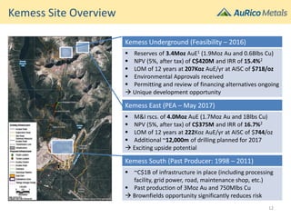 Kemess Site Overview
Kemess Underground (Feasibility – 2016)
▪ Reserves of 3.4Moz AuE1 (1.9Moz Au and 0.6Blbs Cu)
▪ NPV (5%, after tax) of C$420M and IRR of 15.4%2
▪ LOM of 12 years at 207Koz AuE/yr at AISC of $718/oz
▪ Environmental Approvals received
▪ Permitting and review of financing alternatives ongoing
 Unique development opportunity
Kemess South (Past Producer: 1998 – 2011)
▪ ~C$1B of infrastructure in place (including processing
facility, grid power, road, maintenance shop, etc.)
▪ Past production of 3Moz Au and 750Mlbs Cu
 Brownfields opportunity significantly reduces risk
Kemess East (PEA – May 2017)
▪ M&I rscs. of 4.0Moz AuE (1.7Moz Au and 1Blbs Cu)
▪ NPV (5%, after tax) of C$375M and IRR of 16.7%2
▪ LOM of 12 years at 222Koz AuE/yr at AISC of $744/oz
▪ Additional ~12,000m of drilling planned for 2017
 Exciting upside potential
12
 