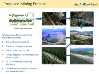 Proposed Mining Process
Panel caving underground mining
minimizes waste rock
1. Ore crushed underground
2. Placed on conveyor to surface
3. Process plant ~25,000 tpd
4. Tailings deposited into Kemess South
mined out pit
5. Au-Cu concentrate trucked to
Mackenzie
6. Concentrate transferred to rail and
sent to port/smelters
Underground panel caving
19
 