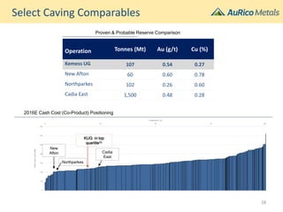 Select Caving Comparables
2016E Cash Cost (Co-Product) Positioning
KUG in top
quartile(2)
Northparkes
Cadia
East
New
Afton
Operation Tonnes (Mt) Au (g/t) Cu (%)
Kemess UG 107 0.54 0.27
New Afton 60 0.60 0.78
Northparkes 102 0.26 0.60
Cadia East 1,500 0.48 0.28
Proven & Probable Reserve Comparison
28
 