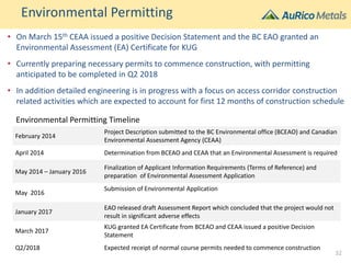 Environmental Permitting
• On March 15th CEAA issued a positive Decision Statement and the BC EAO granted an
Environmental Assessment (EA) Certificate for KUG
• Currently preparing necessary permits to commence construction, with permitting
anticipated to be completed in Q2 2018
• In addition detailed engineering is in progress with a focus on access corridor construction
related activities which are expected to account for first 12 months of construction schedule
February 2014
Project Description submitted to the BC Environmental office (BCEAO) and Canadian
Environmental Assessment Agency (CEAA)
April 2014 Determination from BCEAO and CEAA that an Environmental Assessment is required
May 2014 – January 2016
Finalization of Applicant Information Requirements (Terms of Reference) and
preparation of Environmental Assessment Application
May 2016
Submission of Environmental Application
January 2017
EAO released draft Assessment Report which concluded that the project would not
result in significant adverse effects
March 2017
KUG granted EA Certificate from BCEAO and CEAA issued a positive Decision
Statement
Q2/2018 Expected receipt of normal course permits needed to commence construction
Environmental Permitting Timeline
32
 