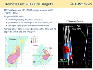 Kemess East 2017 Drill Targets
Pad I
KOZ zone
Pad
E
Pad
D 5
Pad
A
Pad I
KOZ zone
• 2017 drill program of ~12,000 metres planned at KE
(~C$4M - $5M)
• Program will include:
• infill drilling targeting the potassic strong zone,
• growth holes on the outer edges of the known deposit, and
• looking for higher grade within the Kemess Offset Zone
• Kemess Offset Zone is located between the KUG and KE
deposits, which are one km apart
KE Looking South
Pad A
Pad I
KOZ zone
37
 