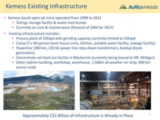 Kemess Existing Infrastructure
Approximately C$1 Billion of Infrastructure is Already in Place
• Kemess South open pit mine operated from 1998 to 2011
• Tailings storage facility & waste rock dumps
• Currently on care & maintenance (forecast of $4M for 2017)
• Existing infrastructure includes:
• Process plant of 52ktpd with grinding capacity currently limited to 25ktpd
• Camp (7 x 40-person bunk house units, kitchen, potable water facility, sewage facility)
• Powerline (380 km, 230 kV-power line step-down transformers, backup diesel
generators)
• Concentrate rail load-out facility in Mackenzie (currently being leased to Mt. Milligan)
• Other (admin building, workshop, warehouse, 1,500m all weather air strip, 400 km
access road)
9
 