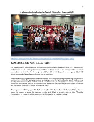 Dr Rabiah Iium A Milestone in Islamic Scholarship: Tawhidic Epistemology Congress at ...