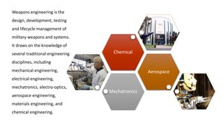 Weapons engineering is the
design, development, testing
and lifecycle management of
military weapons and systems.
It draws on the knowledge of
several traditional engineering
disciplines, including
mechanical engineering,
electrical engineering,
mechatronics, electro-optics,
aerospace engineering,
materials engineering, and
chemical engineering.
Mechatronics
Aerospace
Chemical
 