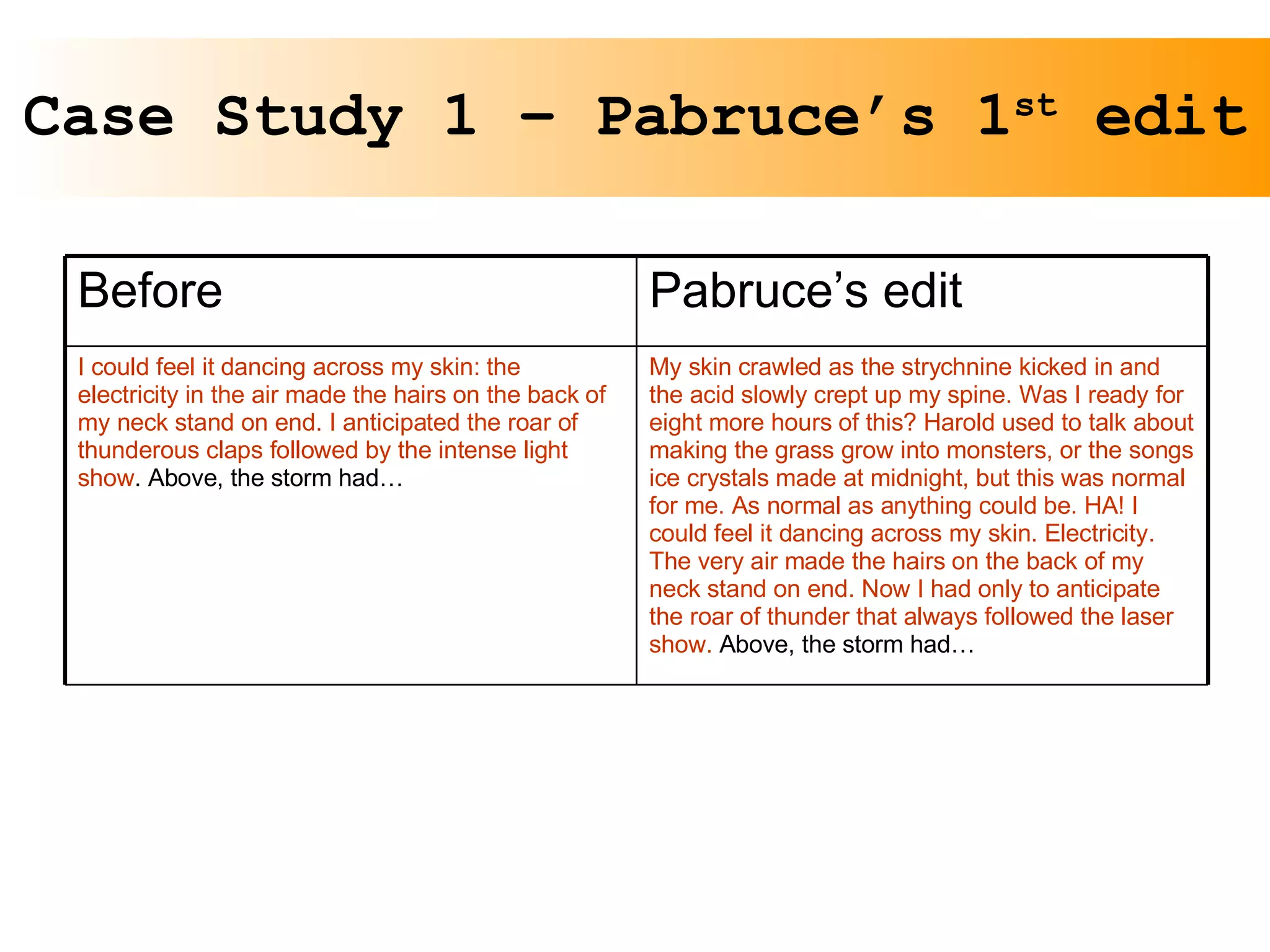 Case Study 1 – Pabruce’s 1 st  edit Before   Pabruce’s edit I could feel it dancing across my skin: the electricity in the air made the hairs on the back of my neck stand on end. I anticipated the roar of thunderous claps followed by the intense light show . Above, the storm had … My skin crawled as the strychnine kicked in and the acid slowly crept up my spine. Was I ready for eight more hours of this? Harold used to talk about making the grass grow into monsters, or the songs ice crystals made at midnight, but this was normal for me. As normal as anything could be. HA! I could feel it dancing across my skin. Electricity. The very air made the hairs on the back of my neck stand on end. Now I had only to anticipate the roar of thunder that always followed the laser show.  Above, the storm had… 