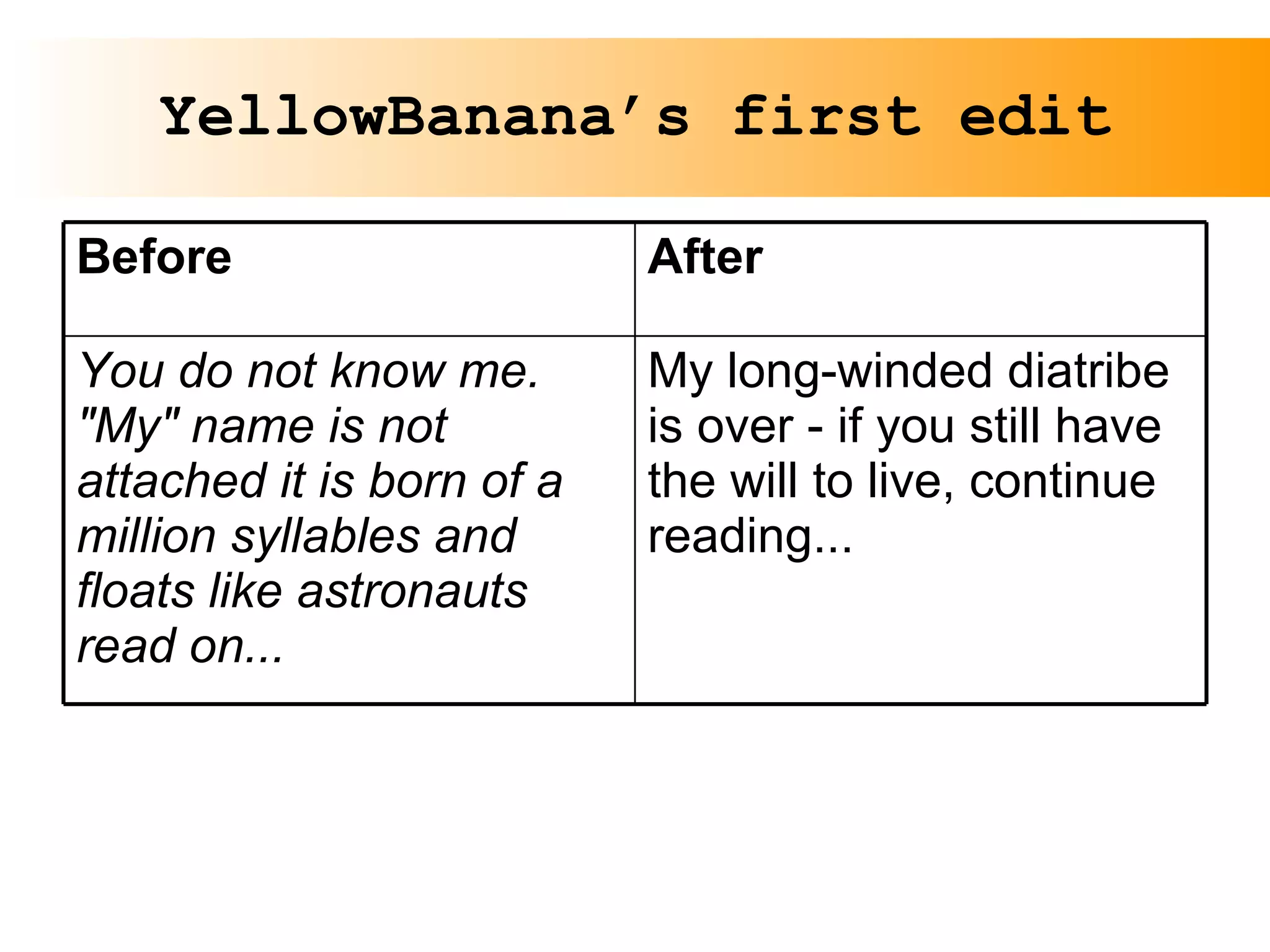 YellowBanana’s first edit Before After You do not know me.   "My" name is not attached it is born of a million syllables   and floats like astronauts   read on... My long-winded diatribe is over - if you still have the will to live, continue reading... 