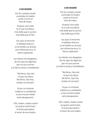 A MI MADRE
Por los campos azules
caminaba mi madre
junto a mí en el
mes de mayo.
Al pasar una nube
la vi cual una diosa,
más bella que la aurora
más bella que la flor.
Sus ojos al mirarme
irradiaban dulzura,
y me tendió sus brazos
con infinita ternura la
llame suplicante:
Los llantos me ahogaban,
de mis ojos las lágrimas
por mi cara corrían
y la tierra reseca, humedecían.
"No llores, hija mía
- oí que me decía-
No llores, hija mía,
turbas mi corazón"
Vi por un instante
nublarse su semblante
y tuve mucho miedo
verla desaparecer.
! Oh, madre, madre santa!
no quiero verte triste,
lo único que quiero
el amor de una madre.
A MI MADRE
Por los campos azules
caminaba mi madre
junto a mí en el
mes de mayo.
Al pasar una nube
la vi cual una diosa,
más bella que la aurora
más bella que la flor.
Sus ojos al mirarme
irradiaban dulzura,
y me tendió sus brazos
con infinita ternura la
llame suplicante:
Los llantos me ahogaban,
de mis ojos las lágrimas
por mi cara corrían
y la tierra reseca, humedecían.
"No llores, hija mía
- oí que me decía-
No llores, hija mía,
turbas mi corazón"
Vi por un instante
nublarse su semblante
y tuve mucho miedo
verla desaparecer.
! Oh, madre, madre santa!
no quiero verte triste,
lo único que quiero
el amor de una madre.