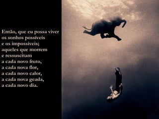 Então, que eu possa viver  os sonhos possíveis e os impossíveis; aqueles que morrem  e ressuscitam a cada novo fruto, a cada nova flor, a cada novo calor, a cada nova geada, a cada novo dia. 