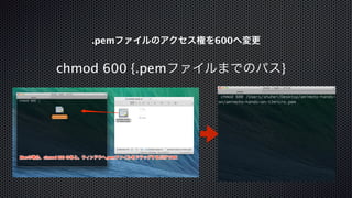 .pemファイルのアクセス権を600へ変更 
chmod 600 {.pemファイルまでのパス} 
 
