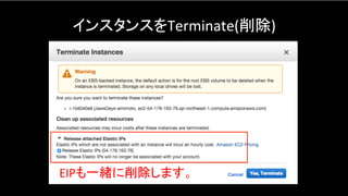 インスタンスをTerminate(削除)	
EIPも一緒に削除します。	
 