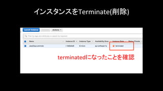 インスタンスをTerminate(削除)	
terminatedになったことを確認	
 
