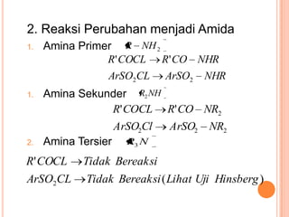 Trimetilamina : suatupenarikserangga.PembuatanAminaBeberapametode yang digunakandalampembuatanAmina:ReduksiSenyawa NitroReaksialkilhalidadenganamoniaatauaminaReduksiaminasiReduksiSenyawaNitrilDegradasiHofman