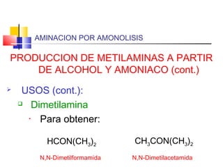 AMINACION POR AMONOLISIS
PRODUCCION DE METILAMINAS A PARTIR
DE ALCOHOL Y AMONIACO (cont.)
 USOS (cont.):
 Dimetilamina
• Para obtener:
HCON(CH3)2
N,N-Dimetilformamida
CH3CON(CH3)2
N,N-Dimetilacetamida
 