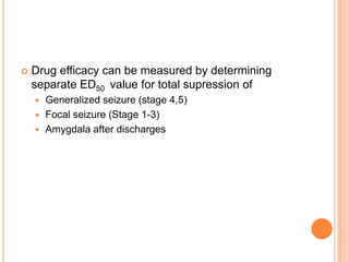  Drug efficacy can be measured by determining
separate ED50 value for total supression of
 Generalized seizure (stage 4,5)
 Focal seizure (Stage 1-3)
 Amygdala after discharges
 