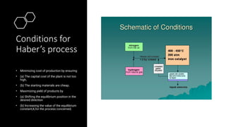 Conditions for
Haber’s process
• Minimizing cost of production by ensuring
• (a) The capital cost of the plant is not too
high,
• (b) The starting materials are cheap;
• Maximizing yield of products by
• (a) Shifting the equilibrium position in the
desired direction
• (b) Increasing the value of the equilibrium
constant,K,for the process concerned;
 