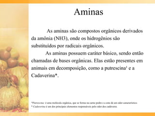 Aminas
        As aminas são compostos orgânicos derivados
da amônia (NH3), onde os hidrogênios são
substituídos por radicais orgânicos.
       As aminas possuem caráter básico, sendo então
chamadas de bases orgânicas. Elas estão presentes em
animais em decomposição, como a putrescina¹ e a
Cadaverina*.




*Putrescina: é uma molécula orgânica, que se forma na carne podre e a esta dá um odor característico.
* Cadaverina é um dos principais elementos responsáveis pelo odor dos cadáveres.
 